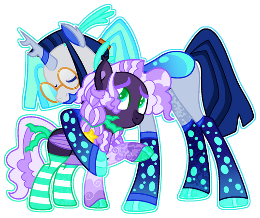 Two ponies standing and side-hugging