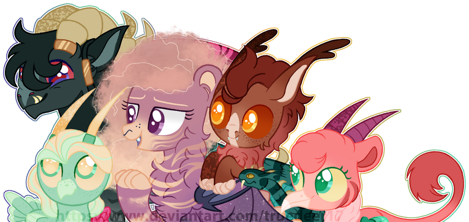 Group piece of a family of 5 pony like characters, 2 adults and 3 foals.