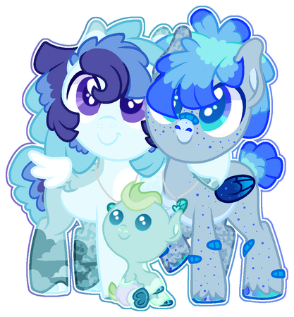 A group shot of 3 pegasi, 2 foals and a baby, looking up at the camera cutely