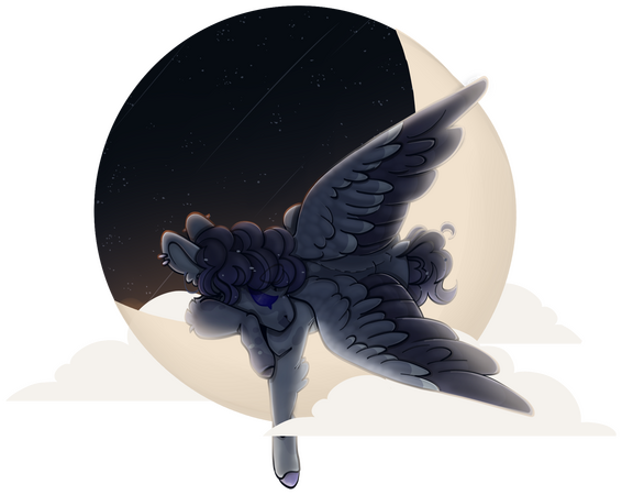 A pegasus sleeping serenely on a crescent moon