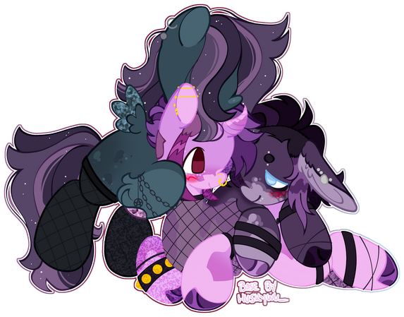 Three ponies cuddling, Two on the ground and one flying
